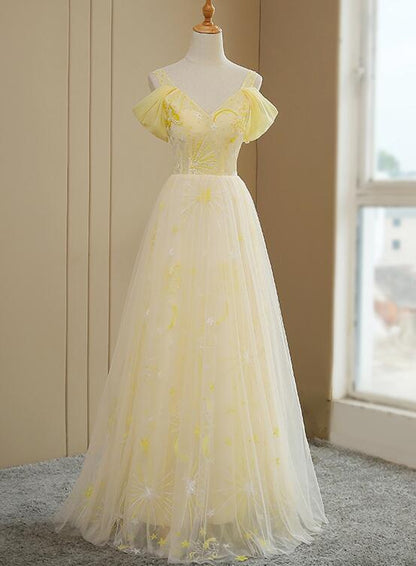 Beautiful Light Yellow Tulle Off Shoulder Evening Dress, Fashion Long Prom Dress   cg11412