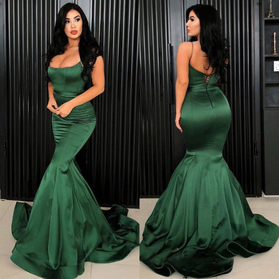 Simple Long Mermaid Satin Evening Dress Spaghetti Straps Boat Neckline Sweep Train Formal Prom Dresses   cg11424