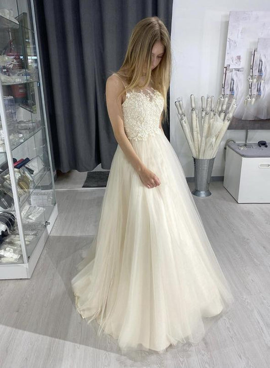 Champagne tulle lace long A line prom dress   cg11431