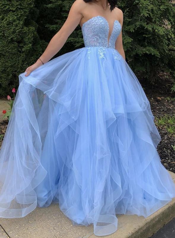 Blue strapless tulle lace long ball gown dress   cg11433