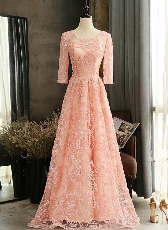 Pink Lace A-Line Short Sleeves Bridesmaid Dress, Pink Long Party prom Dresses   cg11436