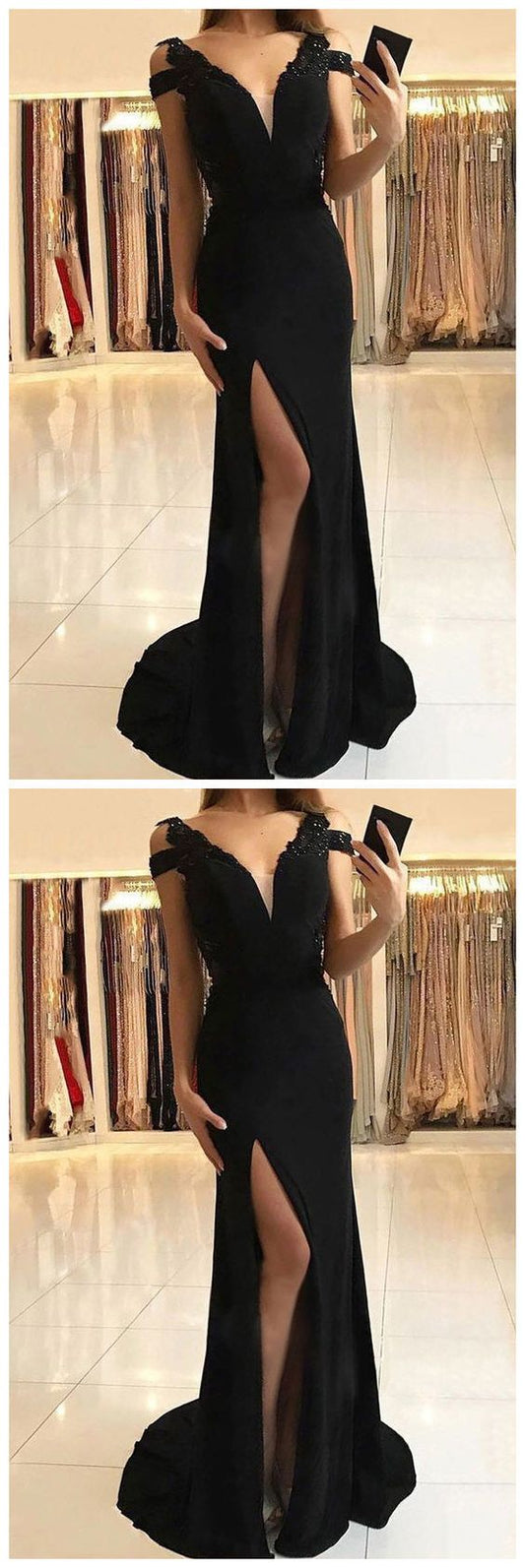 Sexy V neck Black High Slit Mermaid Prom Dress, Black Long Evening Gown   cg11452