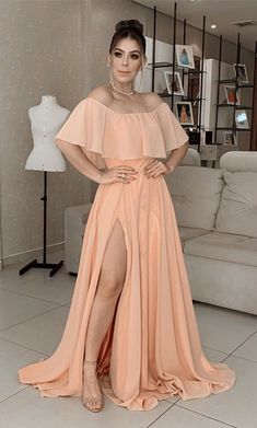 elegant coral bridesmaid prom dresses long chiffon ruffles shoulder for bridal parties   cg11456