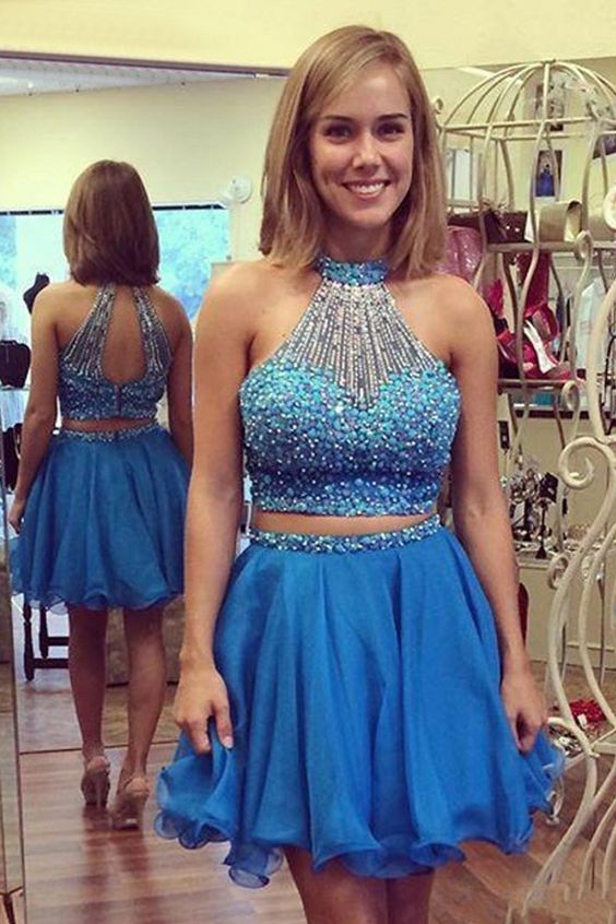 Two Pieces Halter Sleeveless Homecoming Dress with Beaded    cg11460