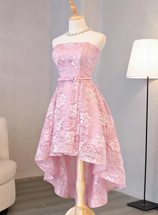 Pink Cute High Low Lace Homecoming Dress   cg11468