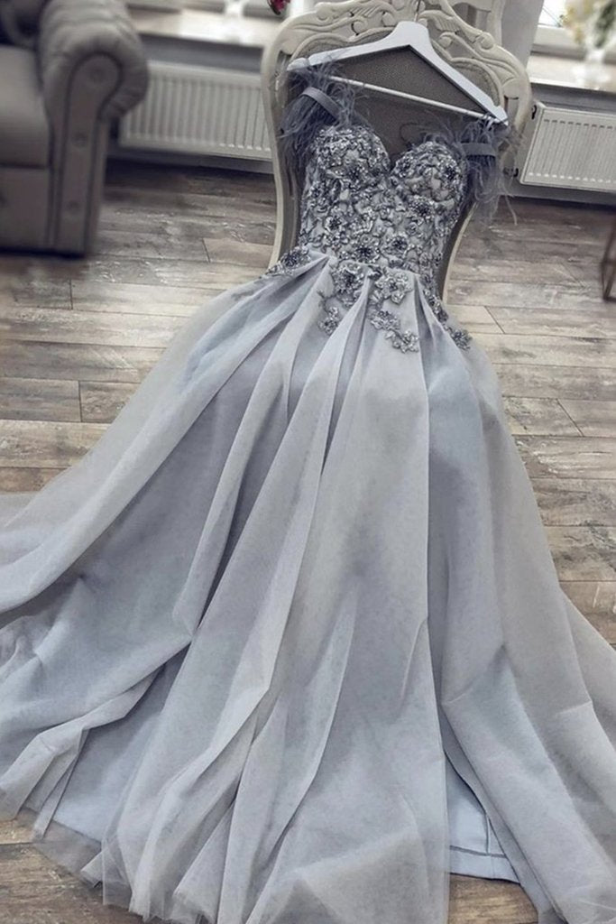 A Line Sweetheart Neck Long Gray Lace Prom Dress, Gray Lace Formal Dress, Grey Evening Dress   cg11480