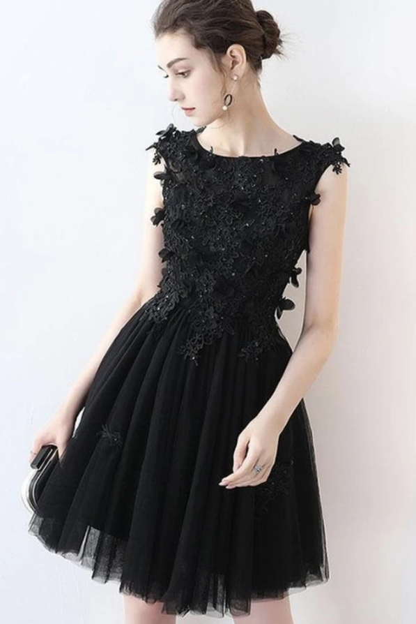 Black Lace Formal Graduation Homecoming Dress, Black Cocktail Dress   cg11483