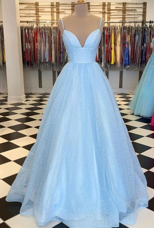 Shiny Sequins V Neck Blue Long Prom Dress, Sparkly Blue Formal Graduation Evening Dress   cg11490