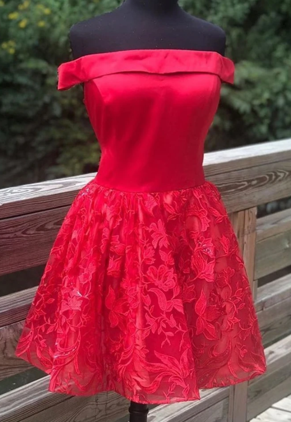 Off Shoulder Red Lace Formal Graduation Dress, Red Lace Homecoming Dress   cg11493