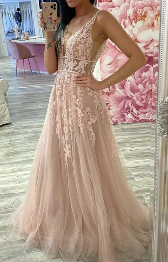 A Line V Neck Pink Lace Long Prom Dress, Pink Lace Formal Dress, Pink Evening Dress   cg11494