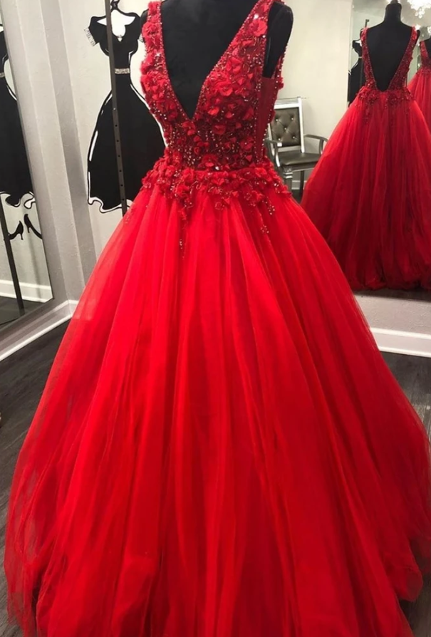 V Neck Open Back Beading Red Long Prom Dress with 3D Flower, V Neck Red Formal Dress, Red Evening Dress   cg11499