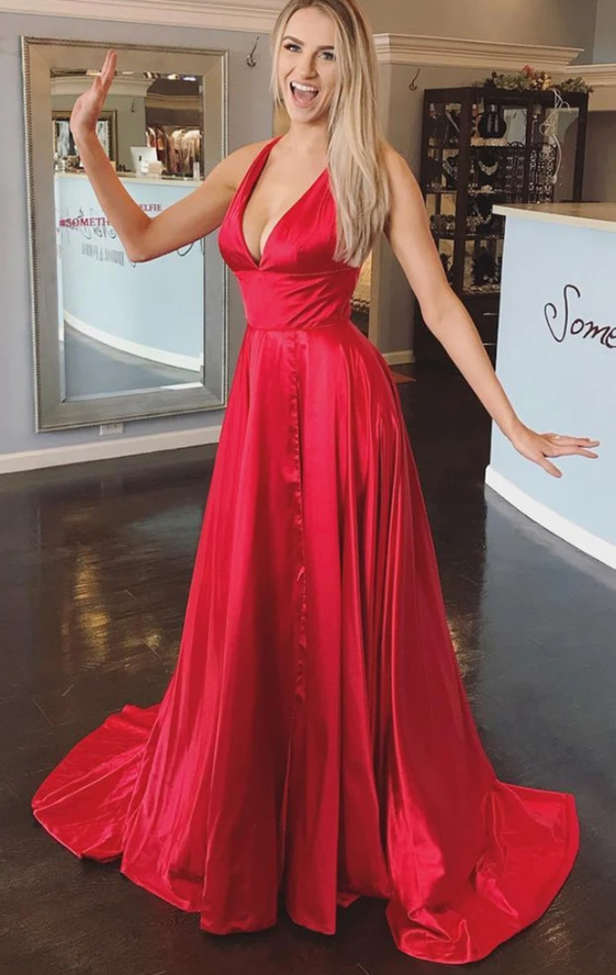 Deep V Neck Red Satin Long Prom Dress with High Slit   cg11500