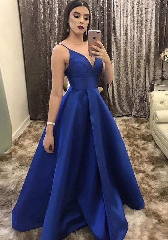 Blue v neck satin long prom dress evening dress   cg11507