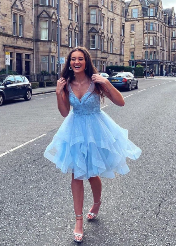 blue tulle lace homecoming dress   cg11508