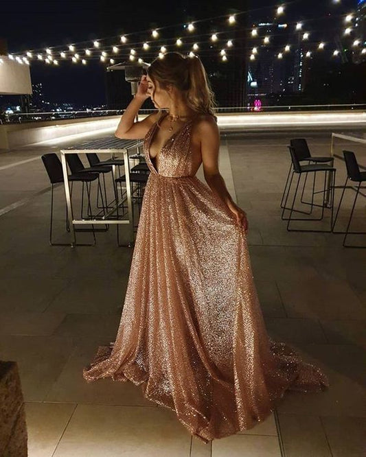 shiny gold long prom dresses, sexy deep v neck prom dresses   cg11512