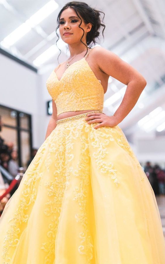 two piece prom dresses, yellow long prom dresses   cg11523