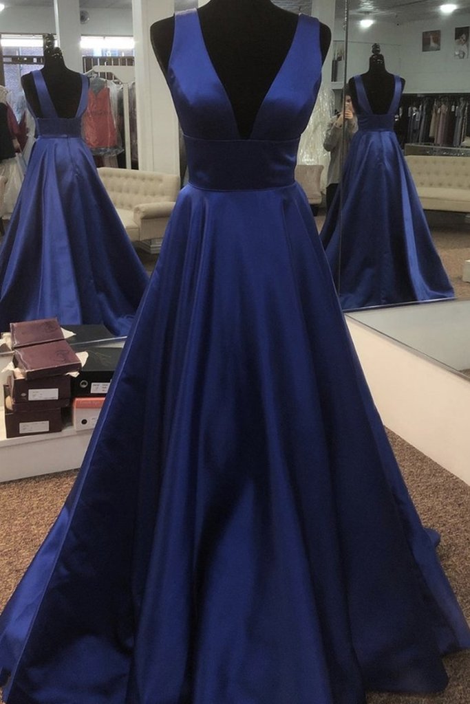 Simple V Neck Open Back Blue Long Prom Dress, V Neck Blue Formal Dress, Blue Evening Dress   cg11535