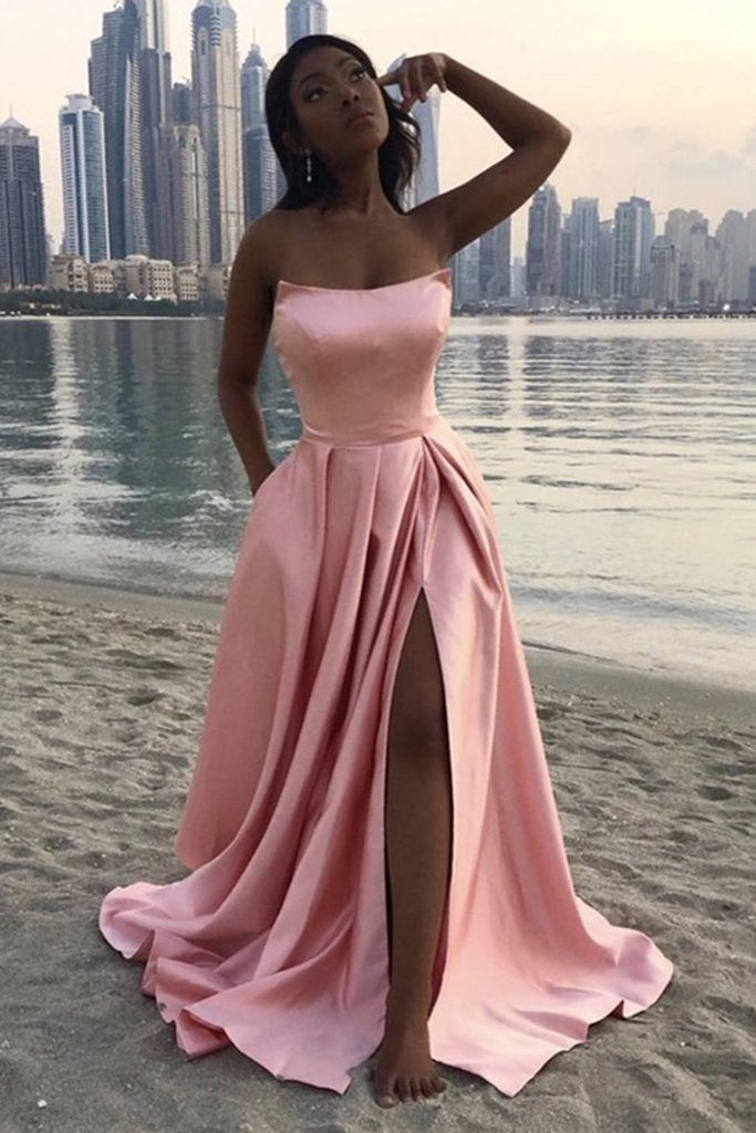 Strapless Pink Satin Long Prom Dress with High Slit, Simple Pink Formal Graduation Evening Dress   cg11536