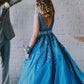 A Line V Neck Blue Lace Long Prom Dress, Blue Lace Formal Dress, Blue Evening Dress   cg11538