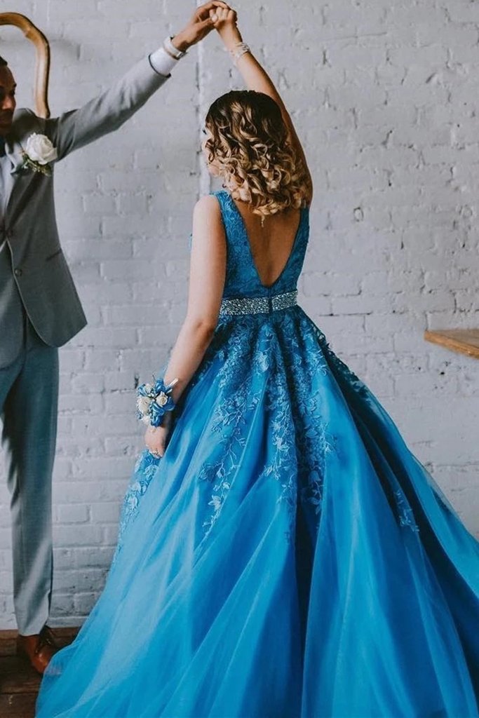 A Line V Neck Blue Lace Long Prom Dress, Blue Lace Formal Dress, Blue Evening Dress   cg11538