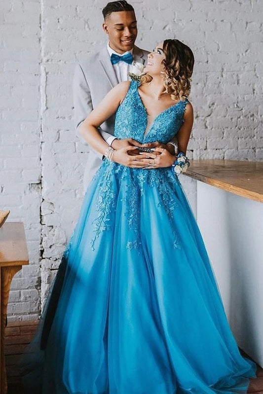 A Line V Neck Blue Lace Long Prom Dress, Blue Lace Formal Dress, Blue Evening Dress   cg11538