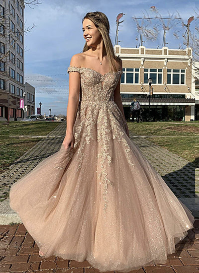 Charming Off Shoulder Tulle Appliques Prom Dress, Champagne Evening Dress   cg11541
