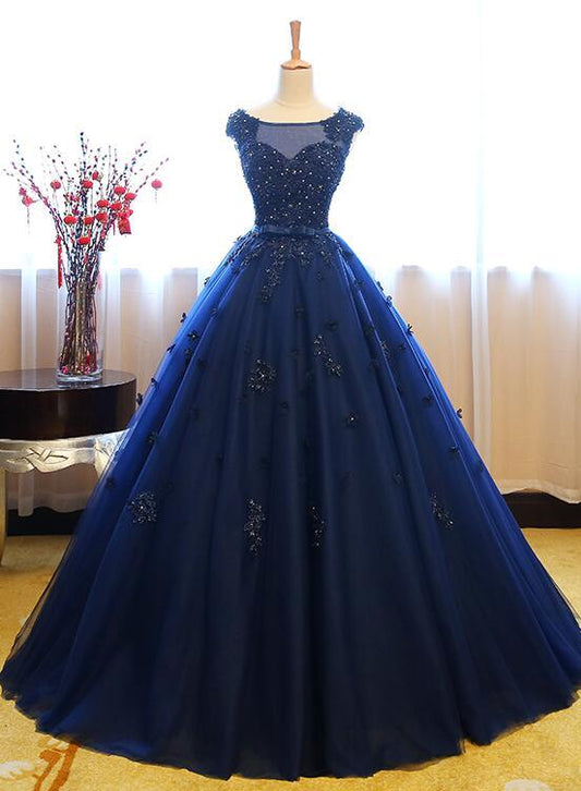 Navy Blue Tulle Cap Sleeves Quinceanera Dresses, Blue Beaded Ball Gown Party Dress prom dress evening dress   cg11552