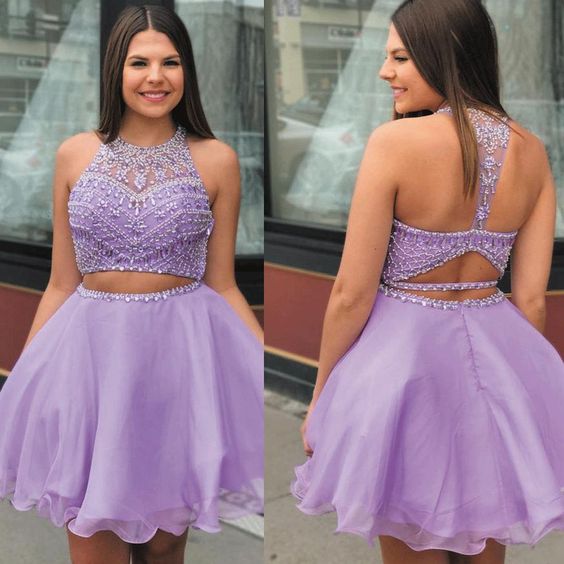 purple two piece dresses short homecoming dresses 2020 beaded halter sexy lavender graduation dress  cg11563
