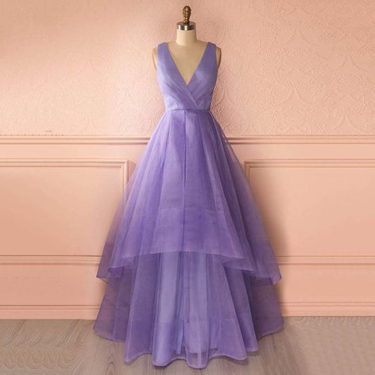 Unique Deep V Neck Floor Length Prom Dress, Lavender Organza Princess Long Prom Dress    cg11576