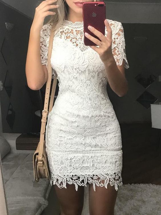 White Short Homecoming Dresses See Through Lace Crochet Bodycon Mini Dress    cg11580