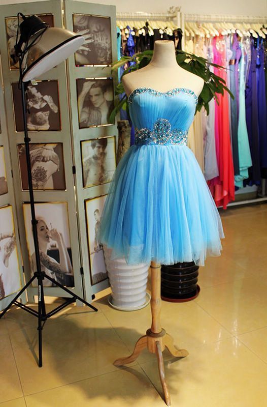 Beautiful Blue Tulle Beaded Cute Homecoming Dress   cg11583