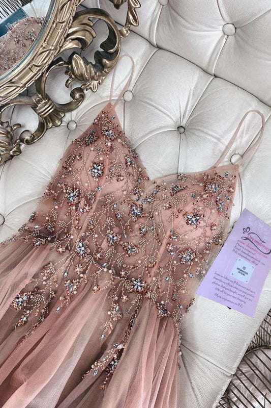 straps A-line rosegold tulle long evening dress with beaded bodice prom dress   cg11589