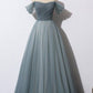Off the Shoulder Grey Tulle Prom Dress   cg11590