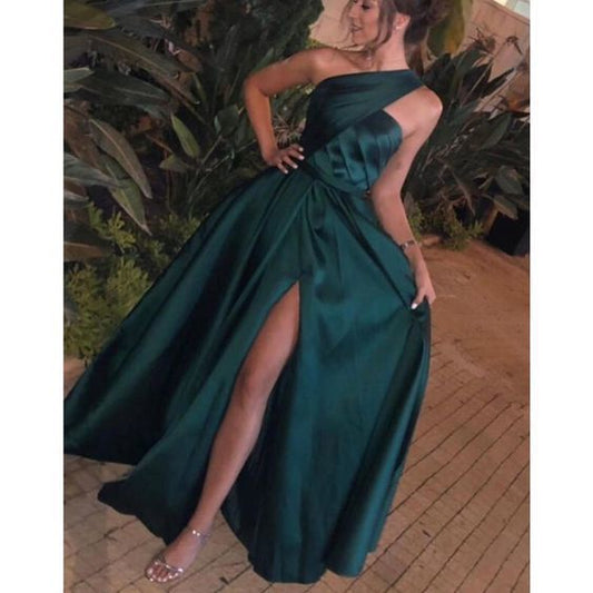 green prom dresses pleats side slit satin floor length evening dresses   cg11610