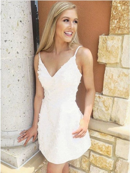 A-Line Spaghetti Straps White Lace Homecoming Dress with Pockets    cg11628
