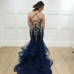 Navy Tulle Gold Beaded Spaghetti Straps Mermaid Prom Dress   cg11636