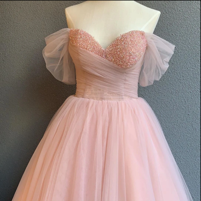 Off The Shoulder Tulle Prom Dress Pearl Pink Prom Dress    cg11640