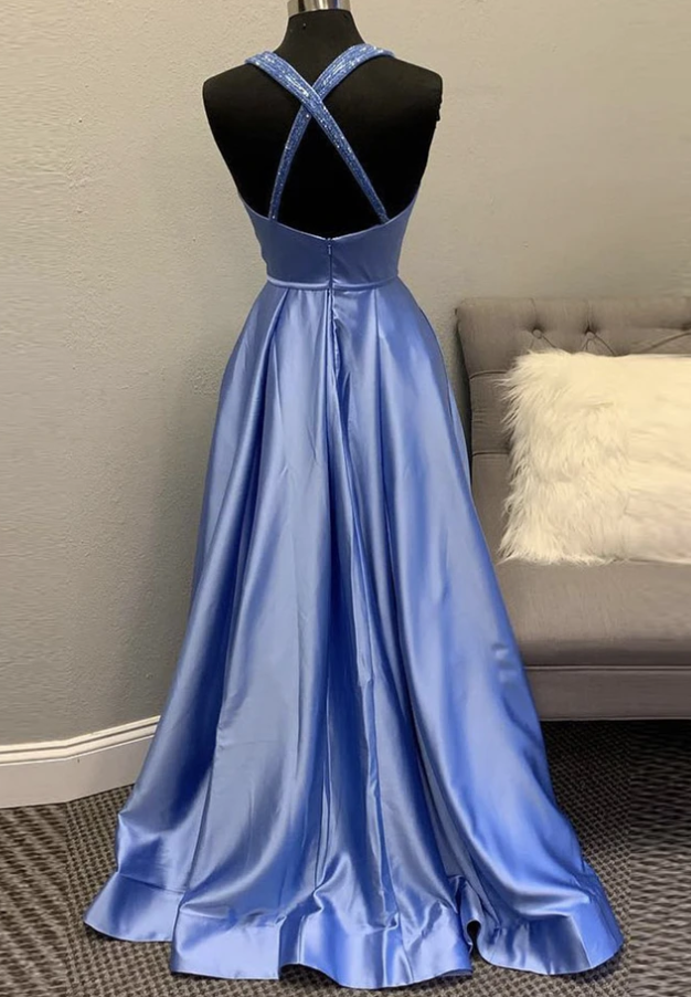 Blue satin long A line prom dress evening dress   cg11643