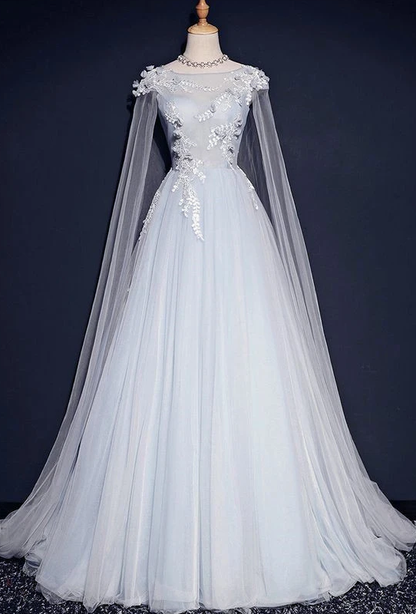 Light Blue Tulle Long Party Gown With Lace Applique, Unique Long Prom Dress   cg11645