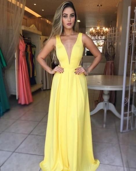 Yellow V neck Long Prom Dresses, Yellow A Line Evening Dress, Women Dress   cg11650