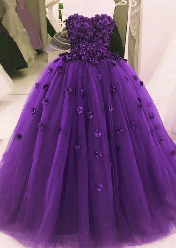 Purple Tulle Flowers Prom Dress Sweetheart A Line Formal Evening Dresses Long Party Gowns   cg11670