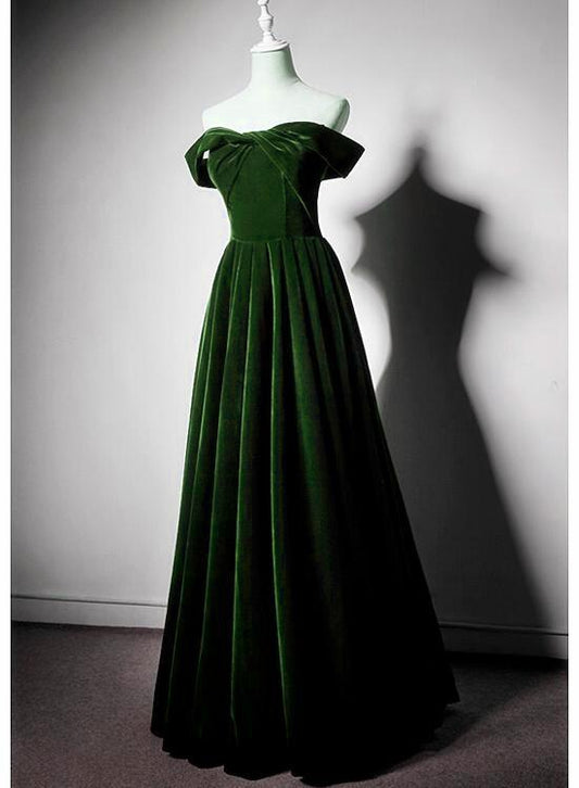 Beautiful Green Off Shoulder A-Line Velvet Long Party Dress, Green Bridesmaid prom Dress   cg11687