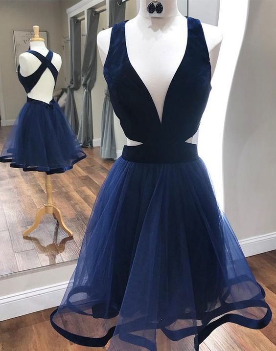 Deep V-Neck Sexy Cocktail Dresses with Criss Cross Back A Line Navy Blue homecoming dress cg11695