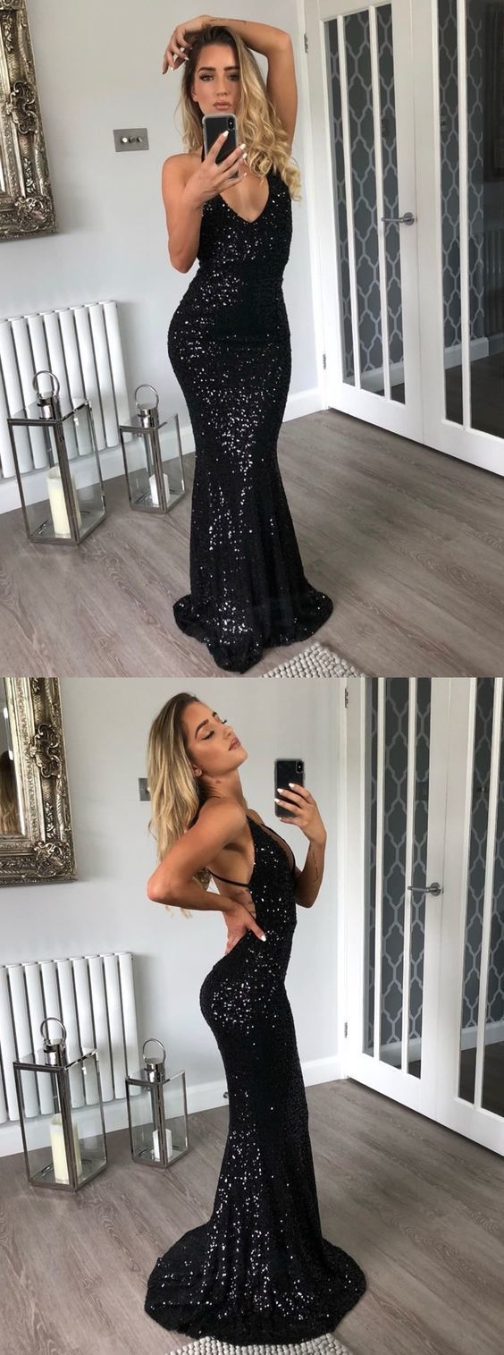 Hot Sexy Charming Spaghetti Straps Mermaid V-Neck Backless Floor-Length Black Sequined Prom Dress cg1170