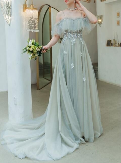 Illusive A-Line Tulle Sweep Train Prom Dresses   cg11700