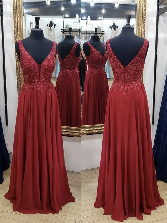 Burgundy chiffon lace long A line prom dress   cg11701