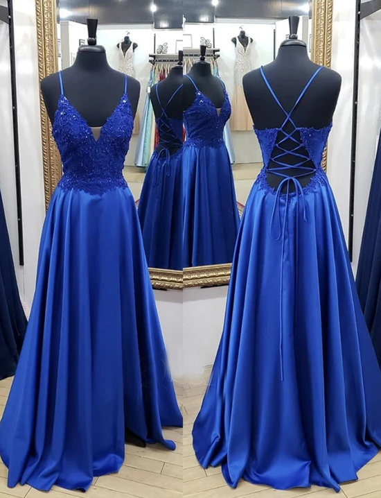 Blue satin lace long prom dress evening dress   cg11702