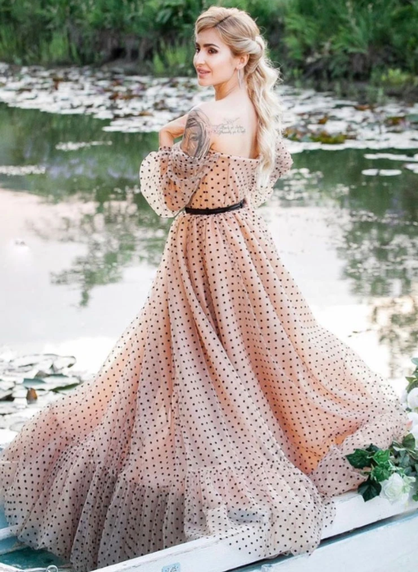 Champagne sweetheart off shoulder tulle long prom dress   cg11705