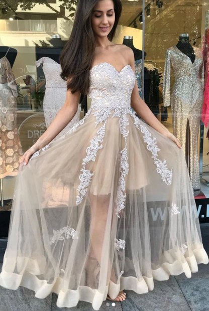 CHAMPAGNE SWEETHEART TULLE LACE LONG PROM DRESS, LACE FORMAL DRESS   cg11708