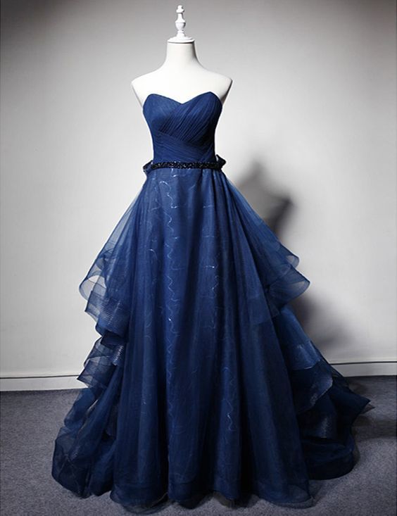 Navy Blue Tulle Strapless Long Layered Custom Size Evening Dress, Swee ...